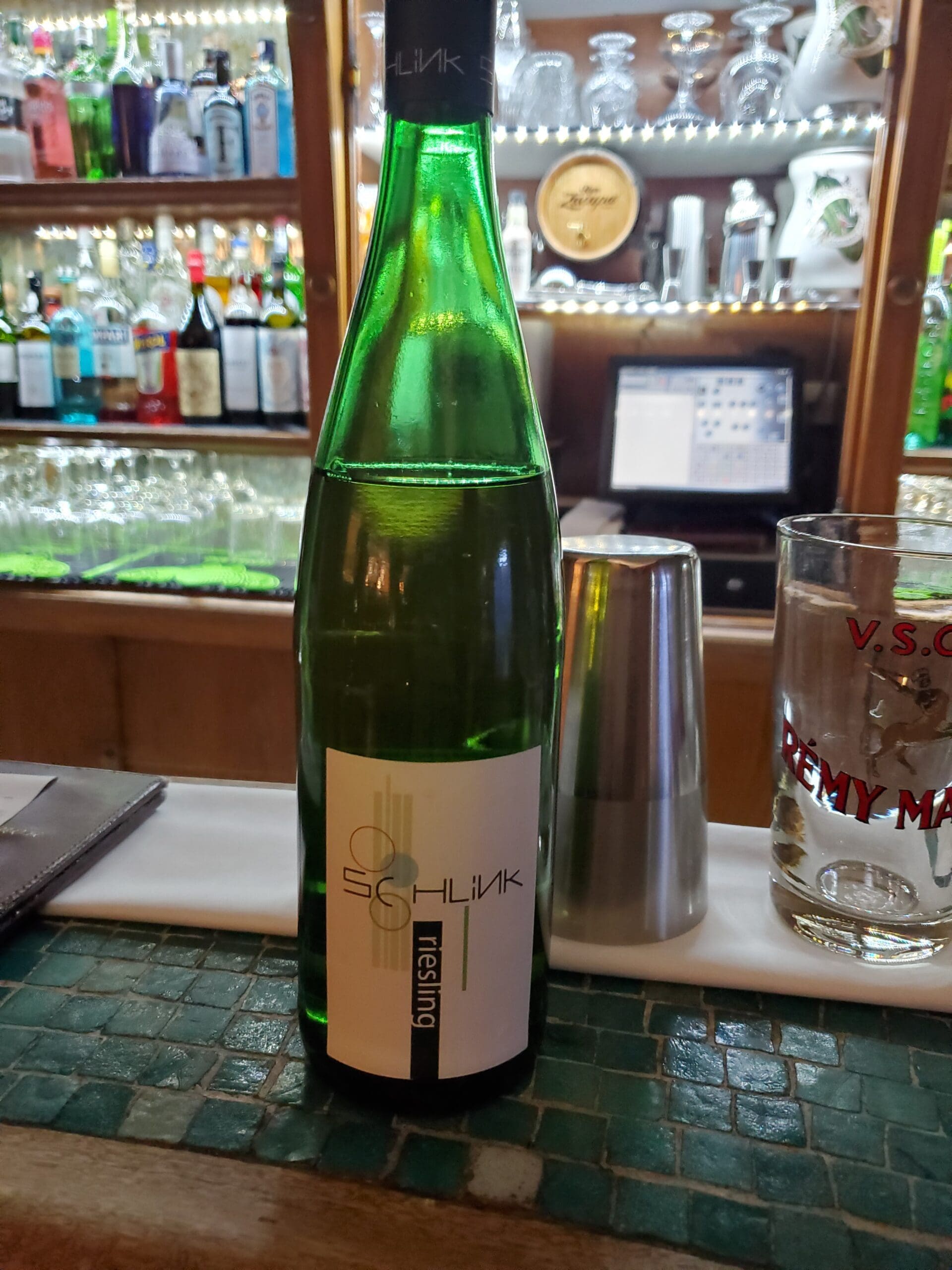 A bottle of white Luxembourg Riesling Wine from the Moselle Region at a Bar in Luxembourg City