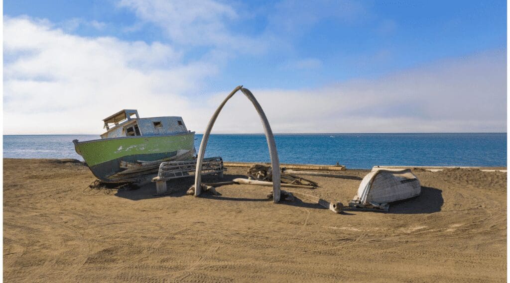 Whale bone arch in Utqiagvik, AK overlooking the Arctic Ocean in June in Alaska
