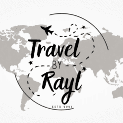 The words Travel by Rayl on a world map