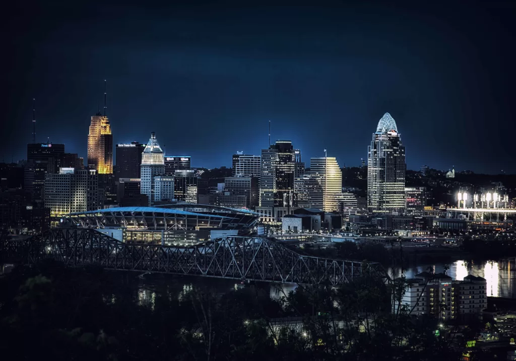 The Cincinnati skyline at night from a park for perfect romantic date ideas in cincinnati