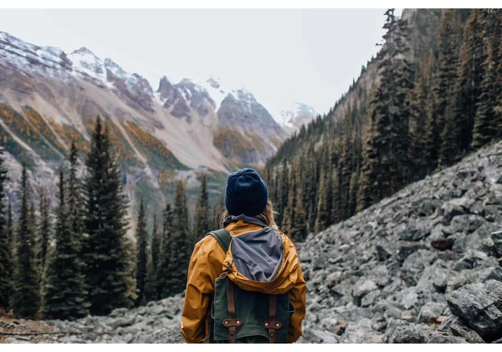 The back of a backpacker gazing at mountains