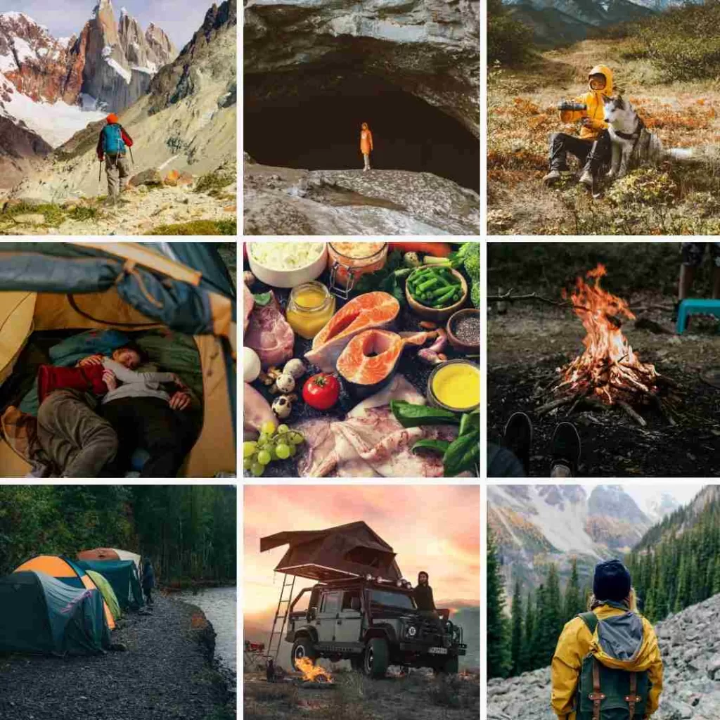 A mood board of nine different paleo backpacking food pictures.