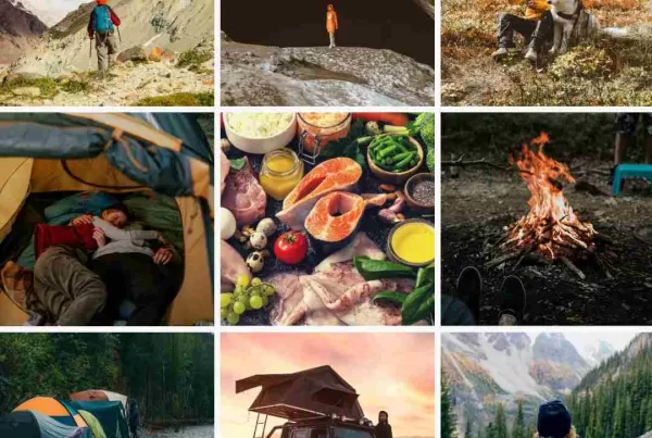 A mood board of nine different paleo backpacking food pictures.