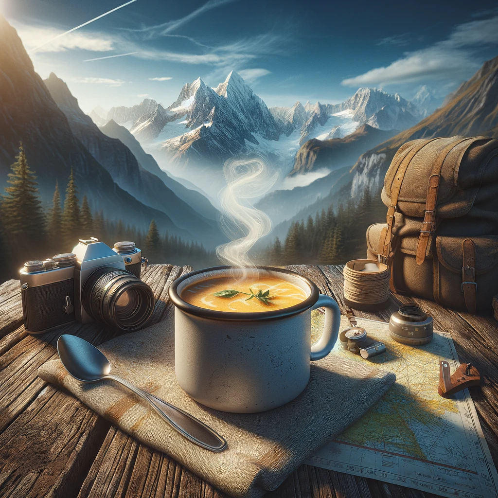 A mug of hot soup  in the foreground on a wooden table. The background is snowy peaks, and there is a backpack to the right side. Soup is one of those perfect paleo foods for backpacking.