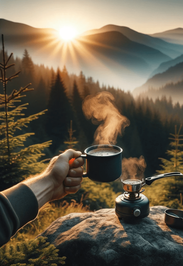 A cup of a man holding instant coffee for backpacking with the sun rising a mountains in the distance.