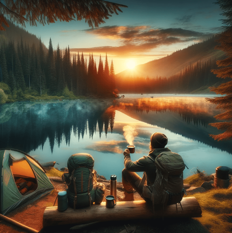 A woman with her tent and backpack looking at a mountain lake while enjoying a cup of instant coffee,